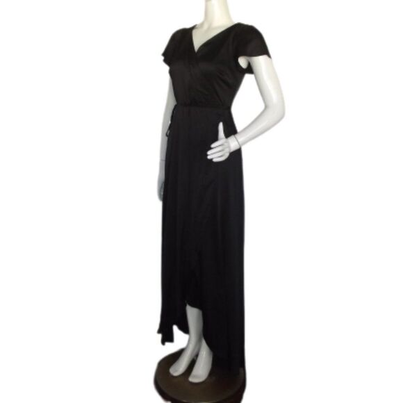 new BALTIC BORN Maxi Wrap Dress, S, Black satin, Flutter sleeve, Tulip skirt - Picture 3 of 14
